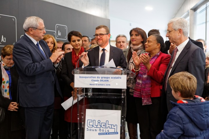 Inauguration par la ministre Najat VALLAUD-BELKACEM, du groupe scolaire Claude DILAIN, à Clichy-sous-Bois, le mardi 13 octobre 2015 - © Philippe DEVERNAY