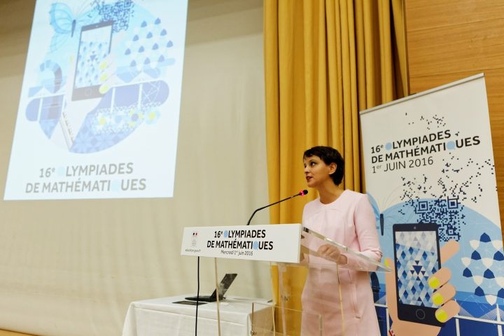 Participation de la ministre Najat VALLAUD-BELKACEM, aux Olympiades de mathématiques , au Ministère de l’Enseignement supérieur - Descartes, le mercredi 1er juin 2016 - © Philippe DEVERNAY