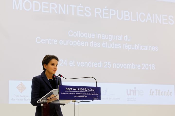 Ouverture par la ministre Najat VALLAUD-BELKACEM, du colloque inaugural du centre des études républicaines, à l'École normale supérieure - rue d'Ulm -Paris 5e, le jeudi 24 novembre 2016 - © Philippe DEVERNAY